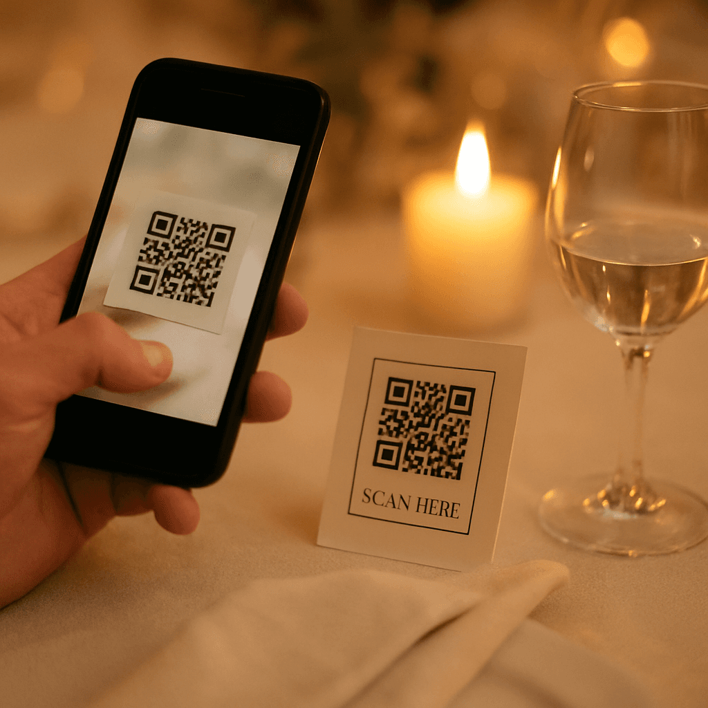 Invitat scanând un cod QR la o masă de eveniment